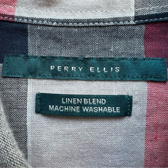 Perry Ellis Sz M Linen Cotton Blend Plaid Red Long Sleeve Shirt Button Down - Picture 3 of 14